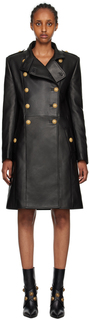 Черное двубортное кожаное пальто Balmain