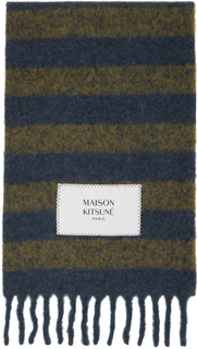 Шарф в полоску хаки и темно-синего цвета Чернильный синий Maison Kitsune