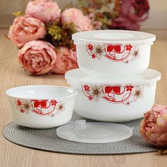 Салатник стеклокерамика, круглый, 3 шт, 19, 16, 14 см, 0.5, 0.8, 1.4 л, с крышкой, Кармен, Daniks, BY14HDW-3-T36 DANIKS