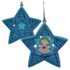 Игрушки елочные одиночные подвеска Рождественские ангелы Звезда 10см дерево голубой