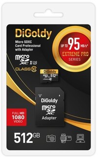 Карта памяти MicroSDXC 512GB DiGoldy DG512GCSDXC10UHS-1-ElU3 Class 10 Extreme Pro UHS-I U3 (95 Mb/s) + SD адаптер