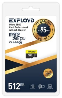 Карта памяти MicroSDXC 512GB Exployd EX512GCSDXC10UHS-1-ElU3 w Class 10 Premium UHS-I U3 (95 Mb/s) без адаптера