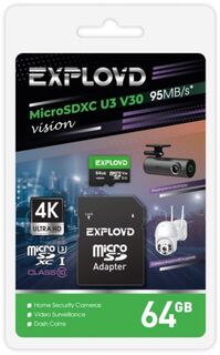 Карта памяти MicroSDXC 64GB Exployd EX64GCSDXC10-U3-V30 Class 10 Vision UHS-I U V30 (95 Mb/s) + SD адаптер