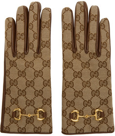 Бежевые и коричневые холщовые перчатки Gucci