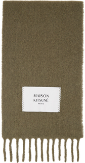 Шарф цвета хаки с бахромой Maison Kitsuné
