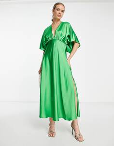 Ярко-зеленое атласное платье миди с v-образным вырезом и рукавами \&quot;летучая мышь\&quot; ASOS DESIGN