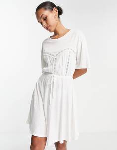 Вязаное мини-платье-футболка цвета слоновой кости с кулиской на талии ASOS DESIGN