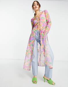 Розовое прозрачное макси-кимоно с длинными рукавами и ярким принтом ASOS DESIGN