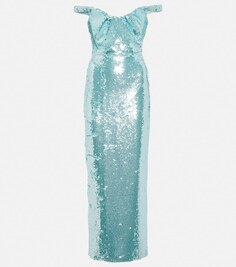 Расшитое пайетками платье макси с открытыми плечами ROLAND MOURET, синий