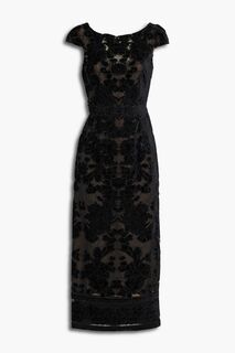 Платье миди из эластичного тюля с вышивкой и кружевными аппликациями MARCHESA NOTTE, черный