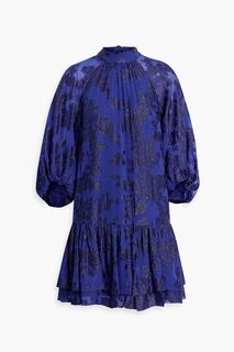 Платье мини из смесового шелка цвета металлик с вырезом-купе ML MONIQUE LHUILLIER, синий