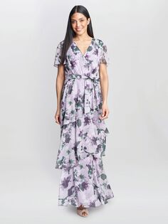 Gina Bacconi Рубиновое многоярусное платье макси с цветочным принтом, лиловый