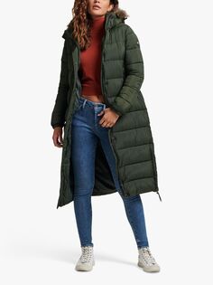 Удлиненный пуховик с капюшоном из искусственного меха Superdry, оливковый цвет Surplus Goods