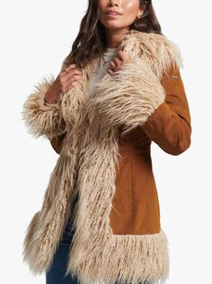 Superdry Афганское пальто на подкладке из искусственного меха, табачно-коричневый