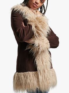Superdry Афганское пальто на подкладке из искусственного меха, кофейно-коричневый цвет