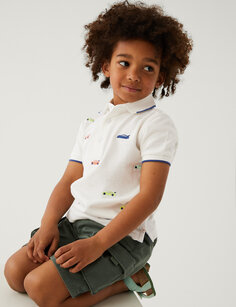 Рубашка-поло из чистого хлопка с автомобильной вышивкой (2–8 лет) Marks &amp; Spencer, мульти