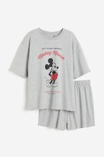 Пижамный комплект H&amp;M Mickey Mouse Cotton Jersey, 2 предмета, серый H&M