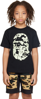 BAPE Kids Черная светящаяся в темноте камуфляжная футболка с головой большой обезьяны