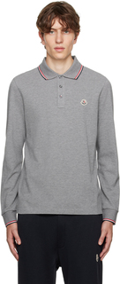 Moncler Серая рубашка-поло с длинными рукавами и нашивками