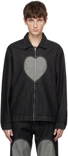Черная джинсовая куртка с сердечками, потертая Carne Bollente