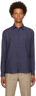 Темно-синяя рубашка с раздвинутым воротником Sunspel