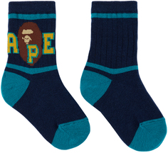 BAPE Kids Темно-синие полосатые носки с изображением головы обезьяны