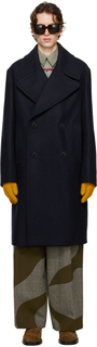Темно-синее двубортное пальто Dries Van Noten