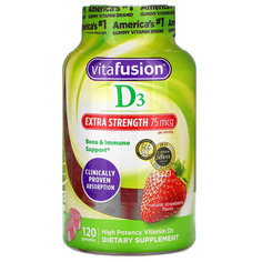 Витамин D3 повышенной силы действия, поддержка костей и иммунитета, натуральный клубничный вкус, 37.5 мкг, 120 жевательных мармеладок, VitaFusion
