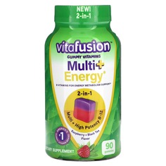 Multi + Energy, малина и черный чай, 90 жевательных таблеток, VitaFusion