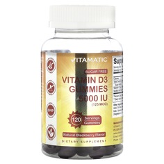 Жевательные таблетки с витамином D3 без сахара, натуральная ежевика, 125 мкг (5000 МЕ), 120 жевательных таблеток, Vitamatic