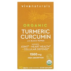 Органический куркумин из куркумы с черным перцем, 500 мг, 90 таблеток, Viva Naturals