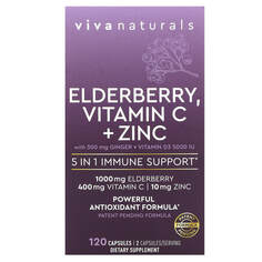 Elderberry, витамин C и цинк, поддержка иммунитета 5 в 1, 120 капсул, Viva Naturals