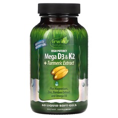 Высокоэффективный мегакомплекс витаминов D3 и К2 с экстрактом куркумы, 60 капсул с жидкостью, Irwin Naturals