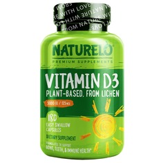 Витамин D3, на растительной основе, 125 мкг (5000 МЕ), 180 капсул, которые легко глотать, NATURELO