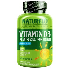 Витамин D3, растительного происхождения из лишайника, 62,5 мкг (2500 МЕ), 180 капсул для легкого проглатывания, NATURELO