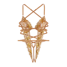 Боди Victoria&apos;s Secret Very Sexy Gold Sequined Floral Embroidery Unlined Strappy Crotchless, золотой