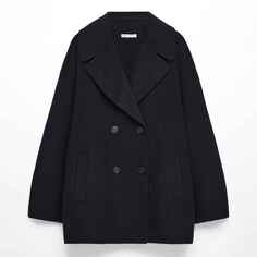 Пальто Oysho Short Coat With Wool, темно-синий