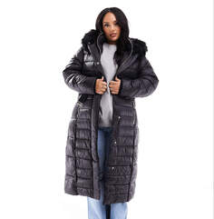 Пальто утепленное River Island Plus Maxi Belted With Faux Fur Hood, черный