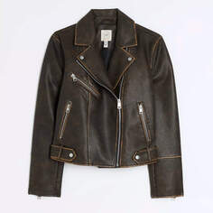 Куртка River Island Distressed Pu Biker, темно-коричневый