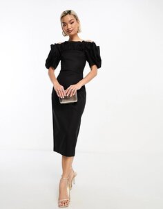 Платье миди &amp; Other Stories Corseted Stretch With Ruffle And Volume Sleeves, черный