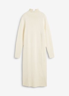 Трикотажное платье длины миди с воротником стойкой и разрезами Bpc Bonprix Collection, белый