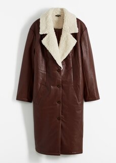 Утепленное пальто из искусственной кожи с плюшевым мехом на воротнике Bpc Bonprix Collection, коричневый