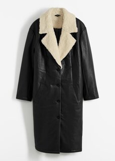 Утепленное пальто из искусственной кожи с плюшевым мехом на воротнике Bpc Bonprix Collection, черный
