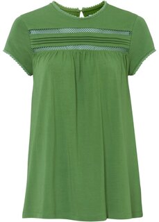 Хлопковая рубашка с кружевом и короткими рукавами а-силуэта Bpc Bonprix Collection, зеленый