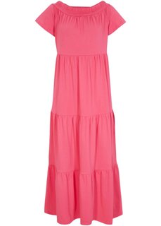 Платье макси из хлопкового джерси с воланами и вырезом кармен Bpc Bonprix Collection, розовый