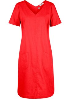 Тканое платье длиной до колена с льном v-образным вырезом и полурукавами Bpc Bonprix Collection, красный