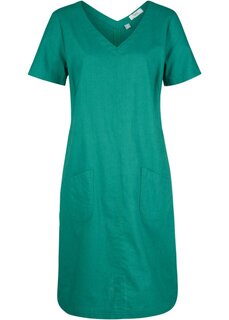 Тканое платье длиной до колена с льном v-образным вырезом и полурукавами Bpc Bonprix Collection, зеленый