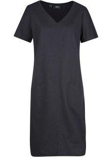 Тканое платье длиной до колена с льном v-образным вырезом и полурукавами Bpc Bonprix Collection, черный