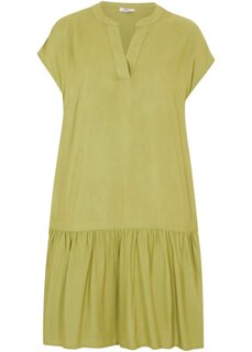 Тканое платье-туника длиной до колена с воланами и воротником-хенли Bpc Bonprix Collection, зеленый
