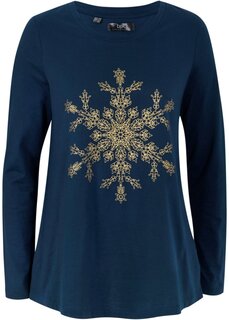 Хлопковая рубашка с длинными рукавами и металлизированным принтом снежинок Bpc Bonprix Collection, синий